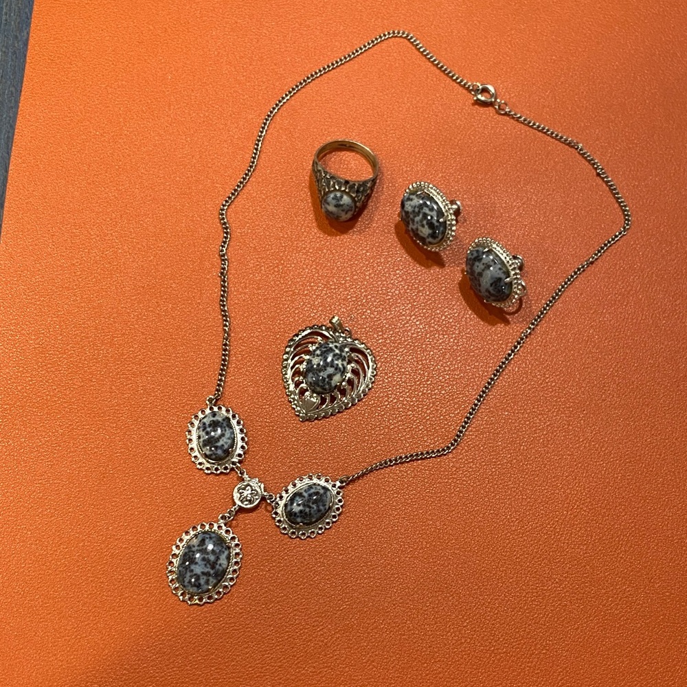 3/$10 Dalmatian like Stone and  Silver Jewelry Set